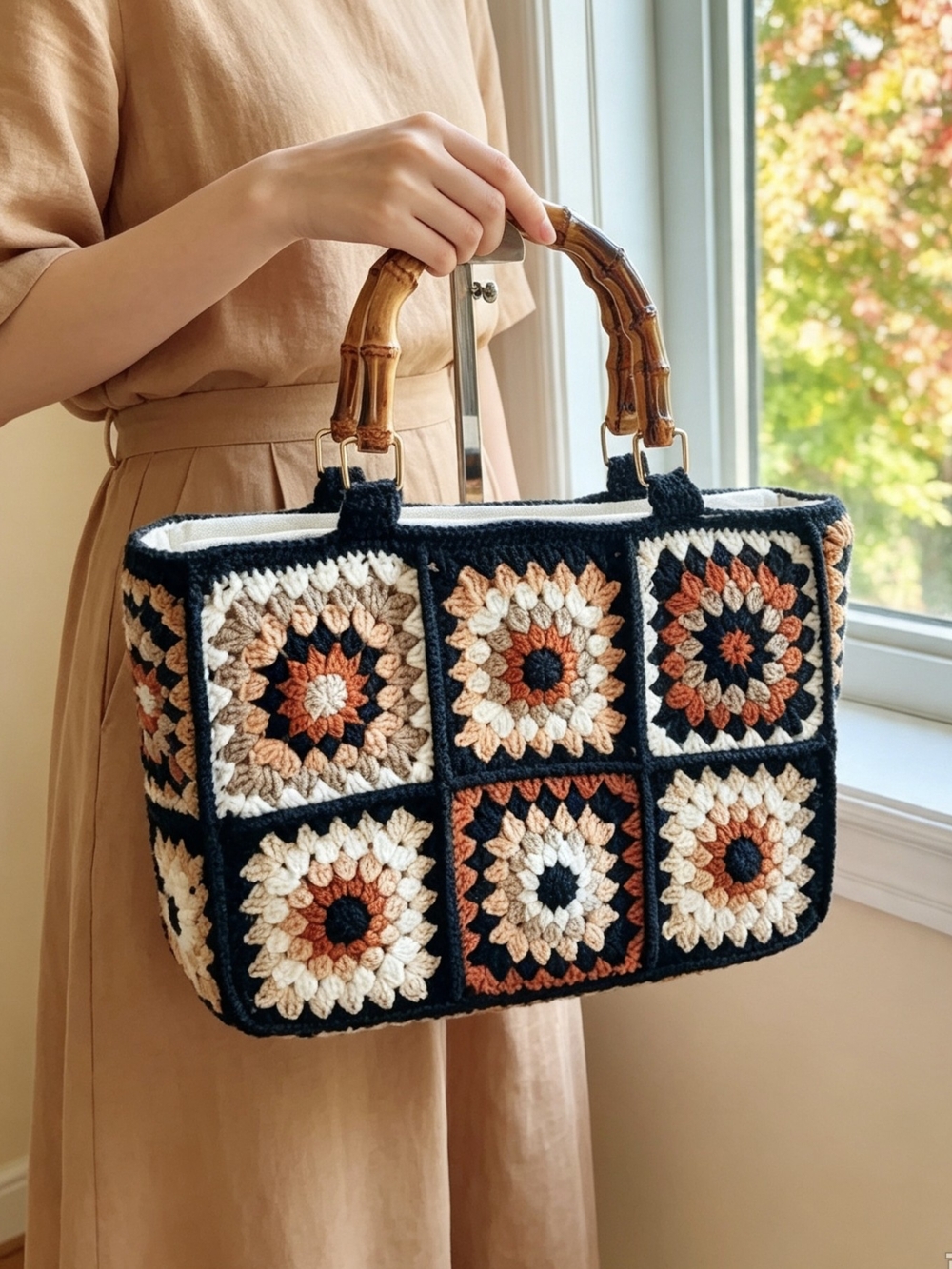 Handmade Crochet Patchwork Tote Bag with Bamboo Handles - Black & Neutral